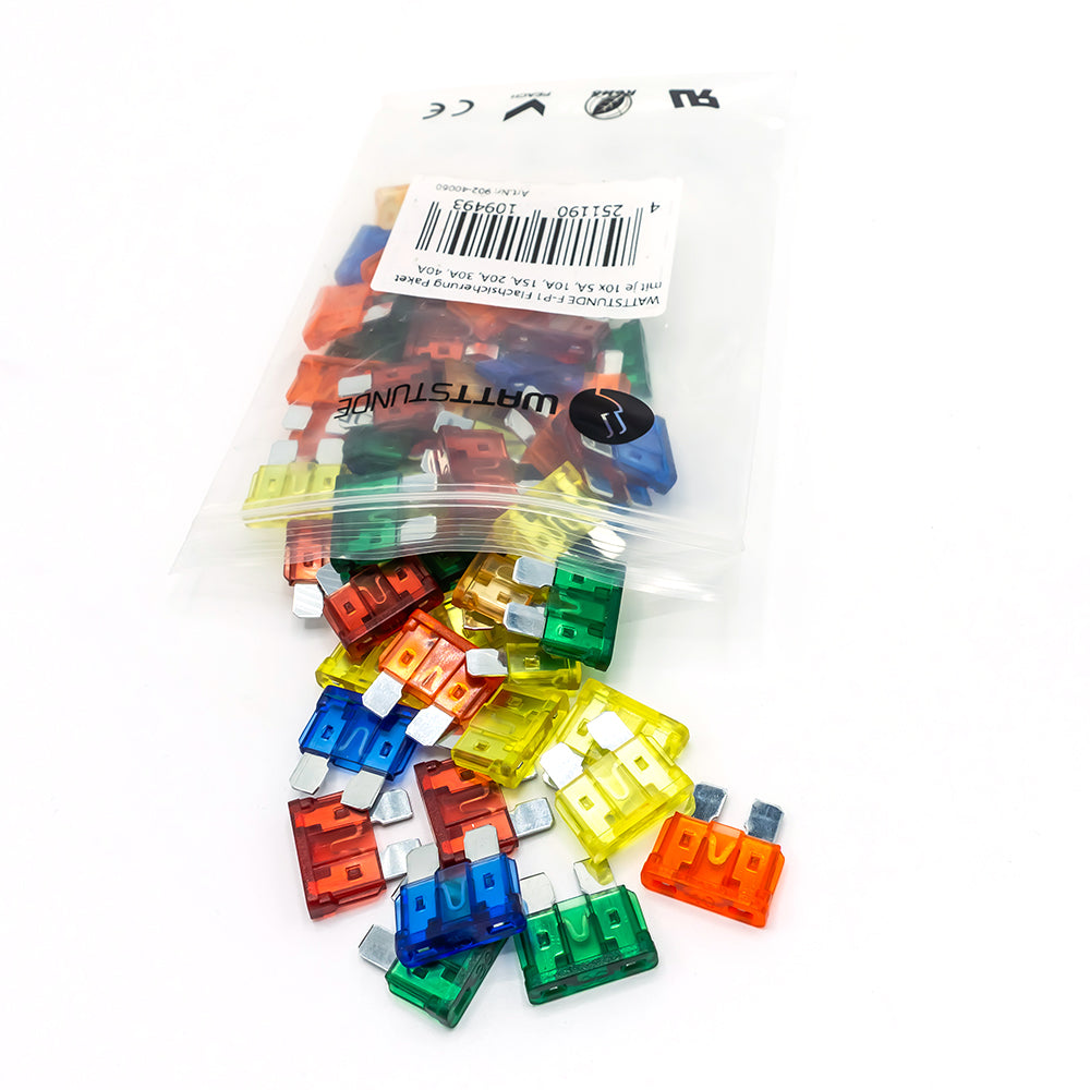 WATTSTUNDE® F-P1 Flat Fuse Pack with 10 x 5 A, 10 A, 15 A, 20 A, 30 A, 40 A each