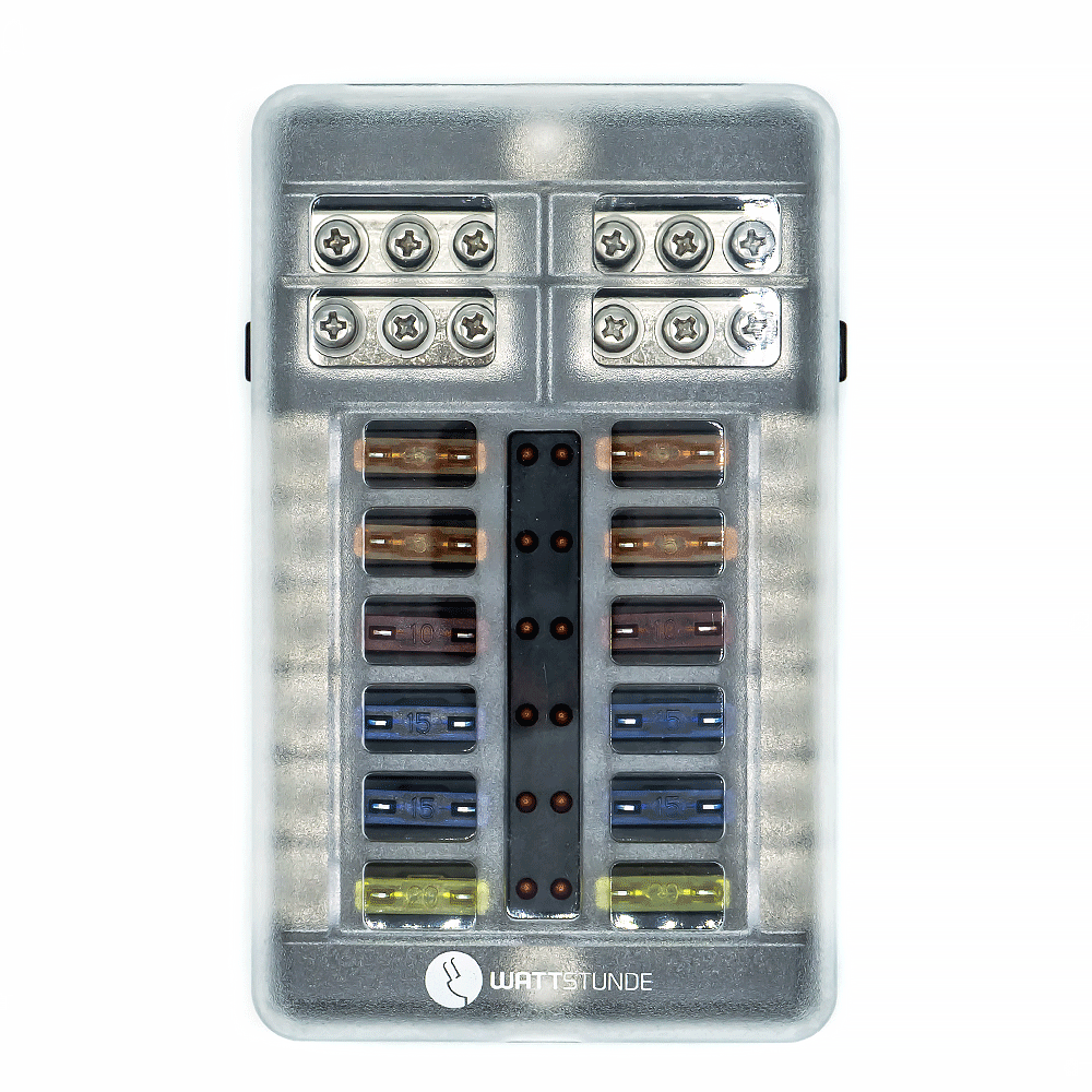 WATTSTUNDE® Plus Distributor 12 mit je 4 x 5 A, 10 A, 15 A, 20 A Flachsicherungen