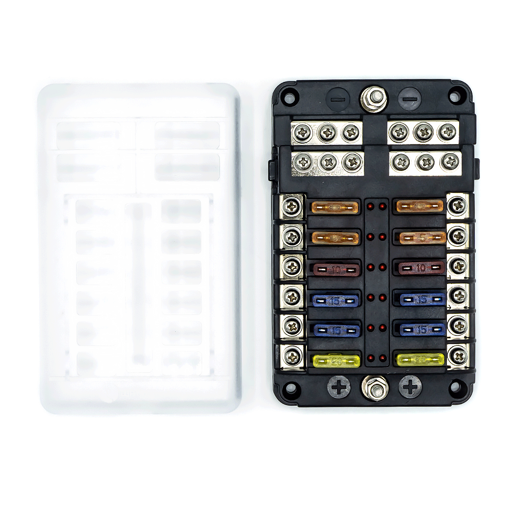 WATTSTUNDE® Plus Distributor 12 mit je 4 x 5 A, 10 A, 15 A, 20 A Flachsicherungen